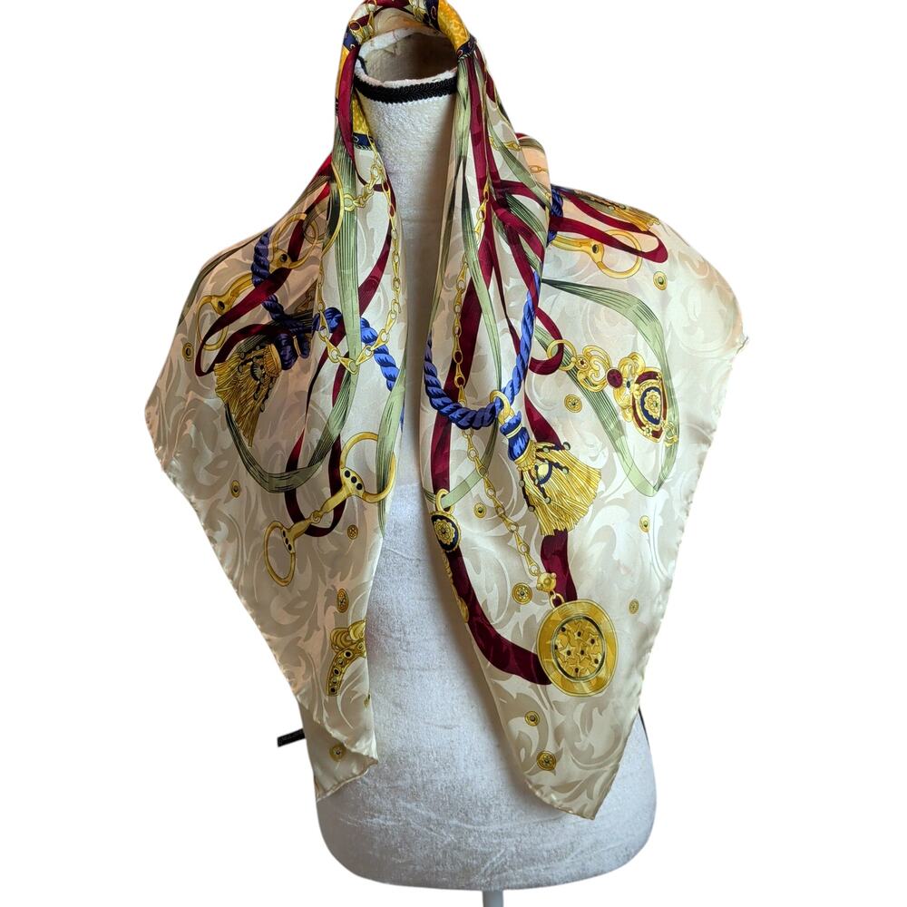 Vtg 100% Silk Baroque Scarf Yellow Elegant Classic Equestrian Mob Wife Italy - Picture 2 of 5